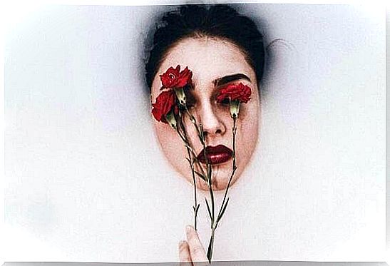 woman with roses in her eyes