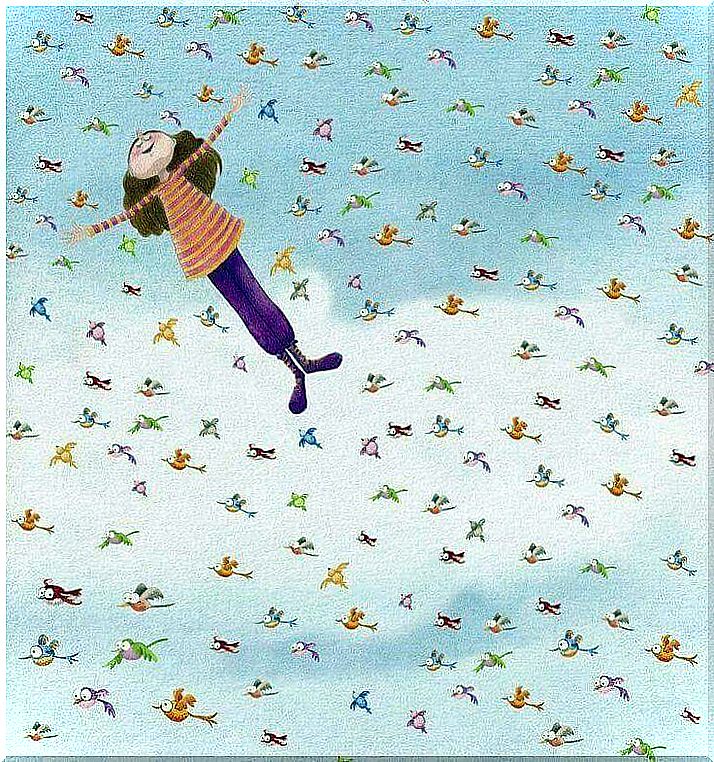 happy-woman flying with birds