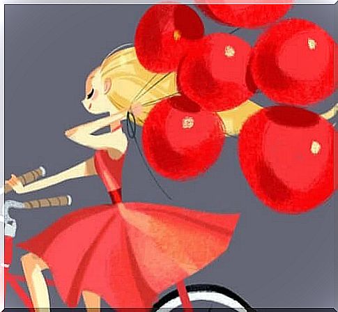 bicycle woman with red balloons